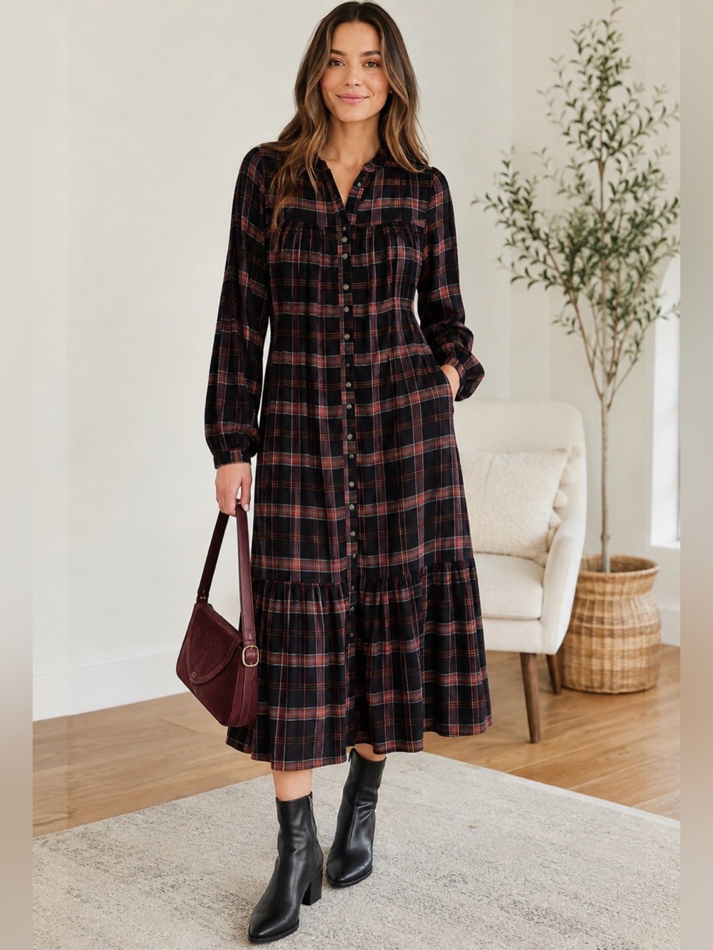 Pamela Love x Rent the Runway Maroon Plaid Tiered Midi Dress Dark Academia M